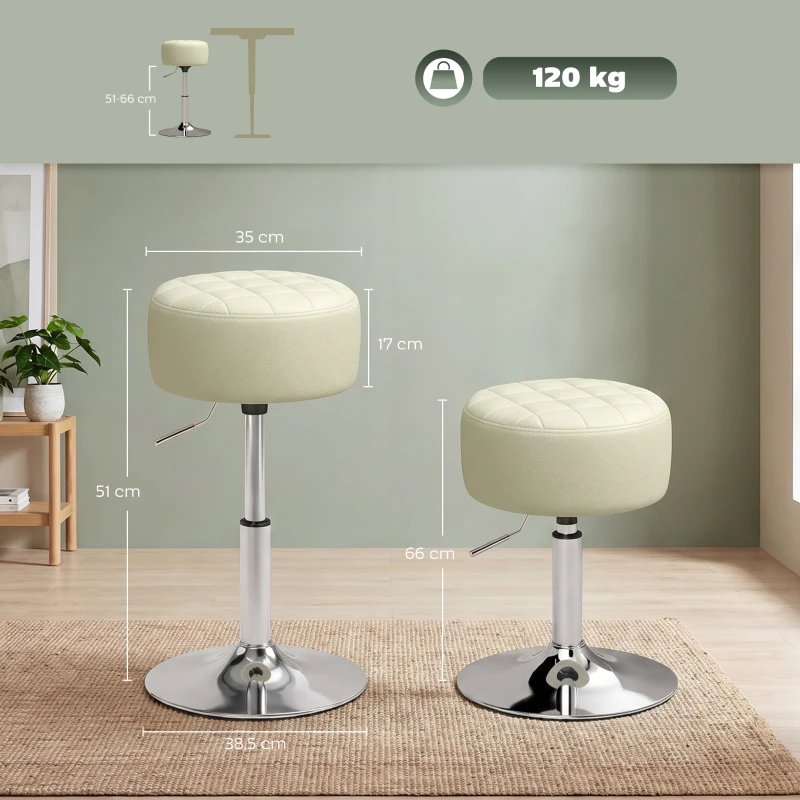 HOMCOM Taburete de Bar en Piel PU con Altura Ajustable, Asiento Acolchado Grueso, Giratorio a 360°, para Península, Blanco