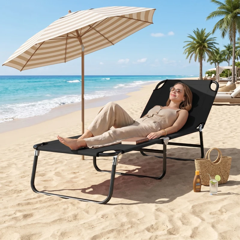 Outsunny Foldable Sun Lounger with 5-Position Adjustable Backrest, Outdoor Portable Recliner Chaise Lounge Chair with Oxford Fabric for Patio, Beach, Garden, Camping, Black