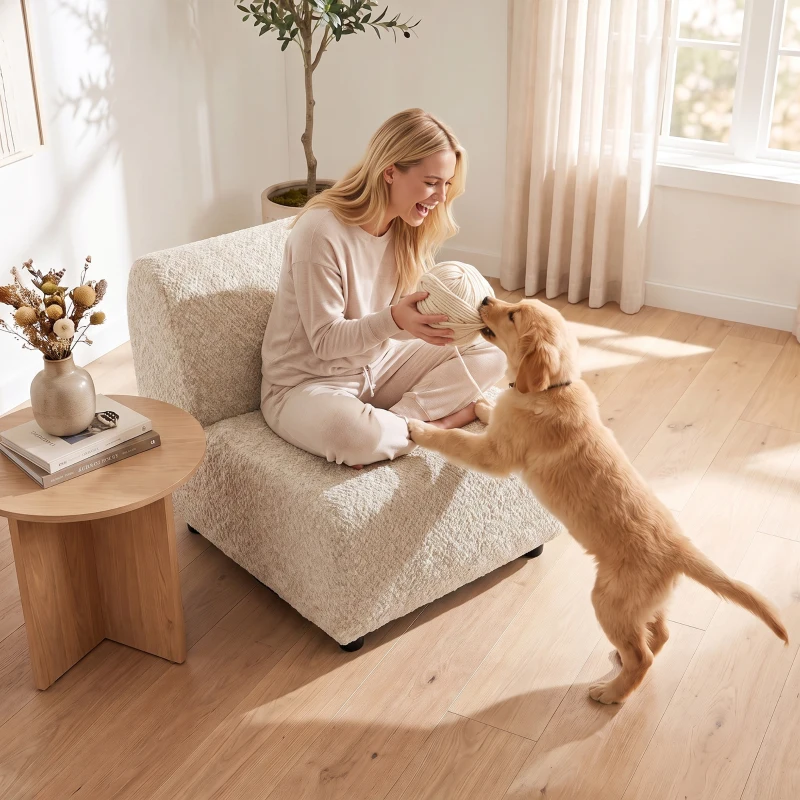 HOMCOM Drehbarer Wohnzimmer-Sessel 360°, gepolsterter Einzelsessel aus Chenille mit extra breiter Sitzfläche, dicker Polsterung, beige