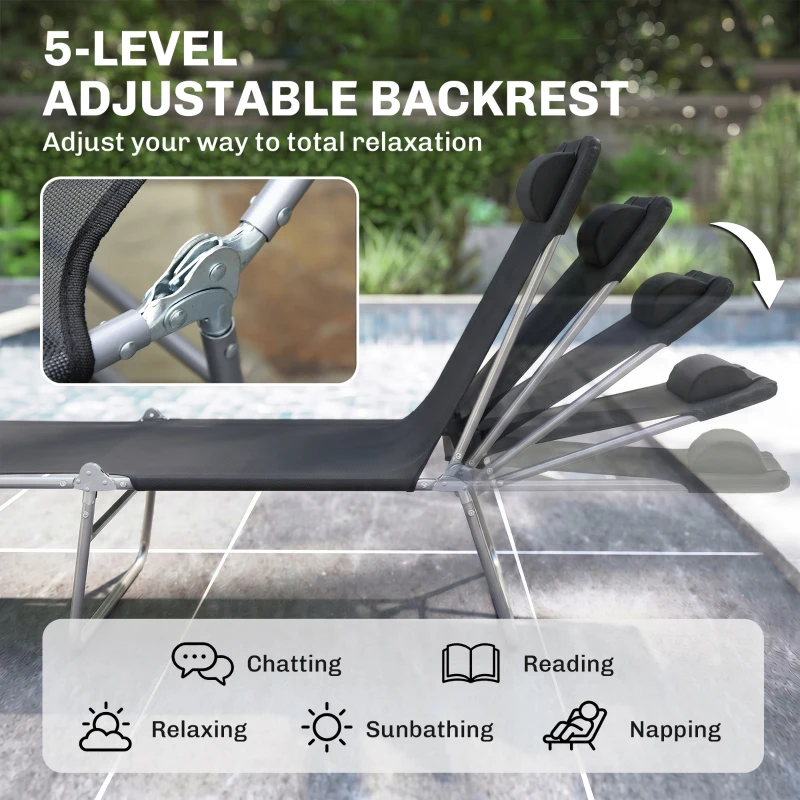 Outsunny Folding Sun Lounger, Texteline Reclining Sun Bed with 5 Position Adjustable Backrest, Headrest, Black