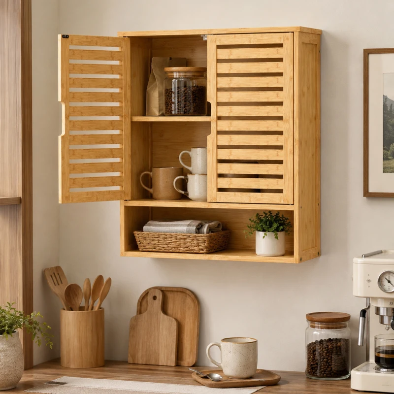 HOMCOM Bathroom Wall Cabinet, Wall Mounted Bathroom Cabinet with 2 Louvered Doors, Open Shelf and Adjustable Shelf Storage