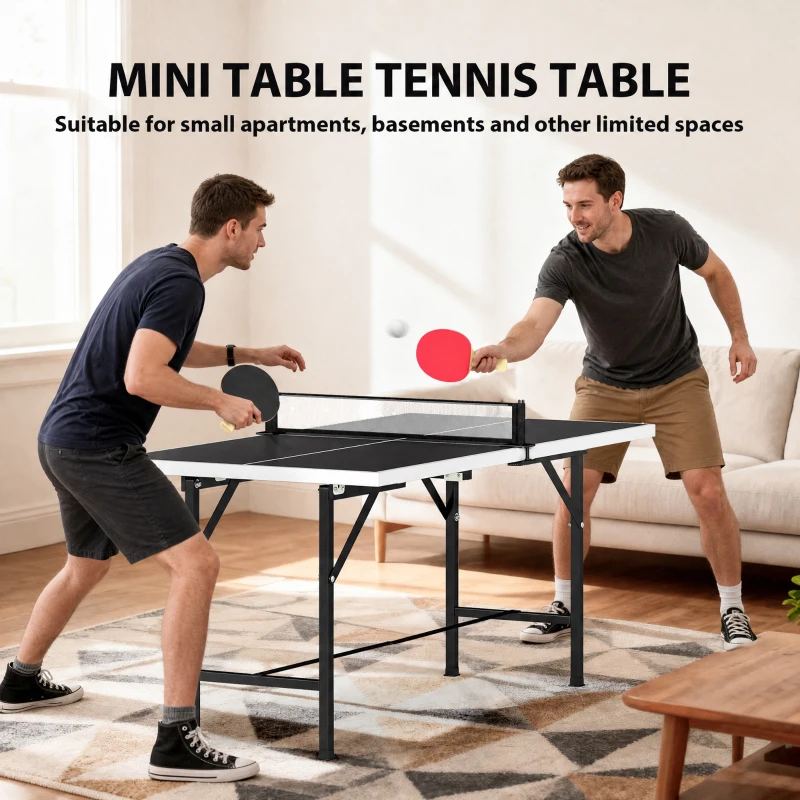 SPORTNOW 5ft Mid-Size Table Tennis Table, Ping Pong Table with Net, 2 Table Tennis Paddles and 3 Balls for Indoor Game, Black