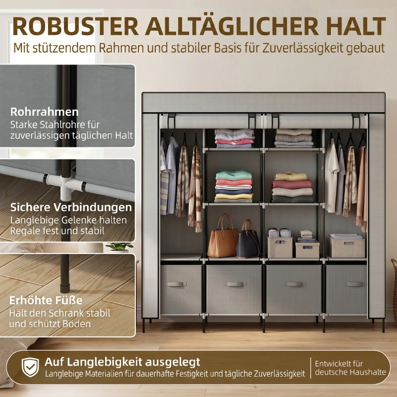 HOMCOM Kleiderschrank Stoffschrank, Türen, 2 Kleiderstangen, 10 Fächer, Grau(m-5)