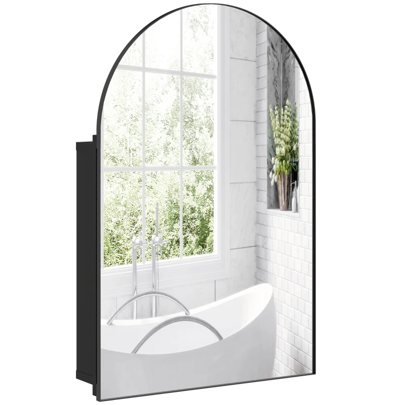 HOMCOM Spiegelschrank Bad Gewölbter Badezimmerschrank mit 180° Tür, 3 Regalen, aus Metall Schwarz 50 x 12 x 76 cm