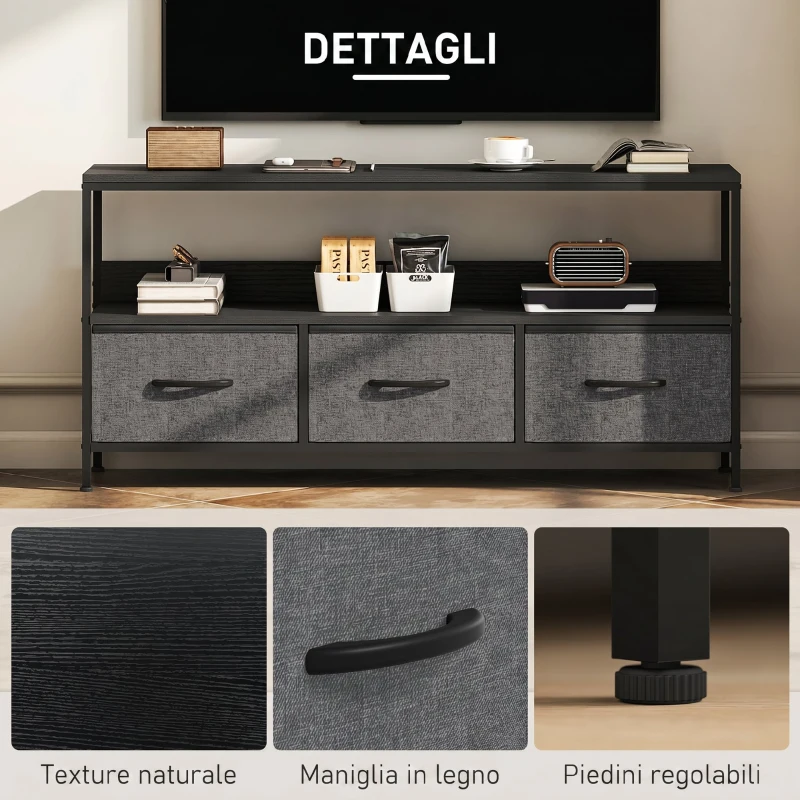 HOMCOM Mobile Porta TV da 55" con Cassetti Pieghevoli in Tessuto e Mensola in Metallo e MDF, 120x29x56cm, Nero