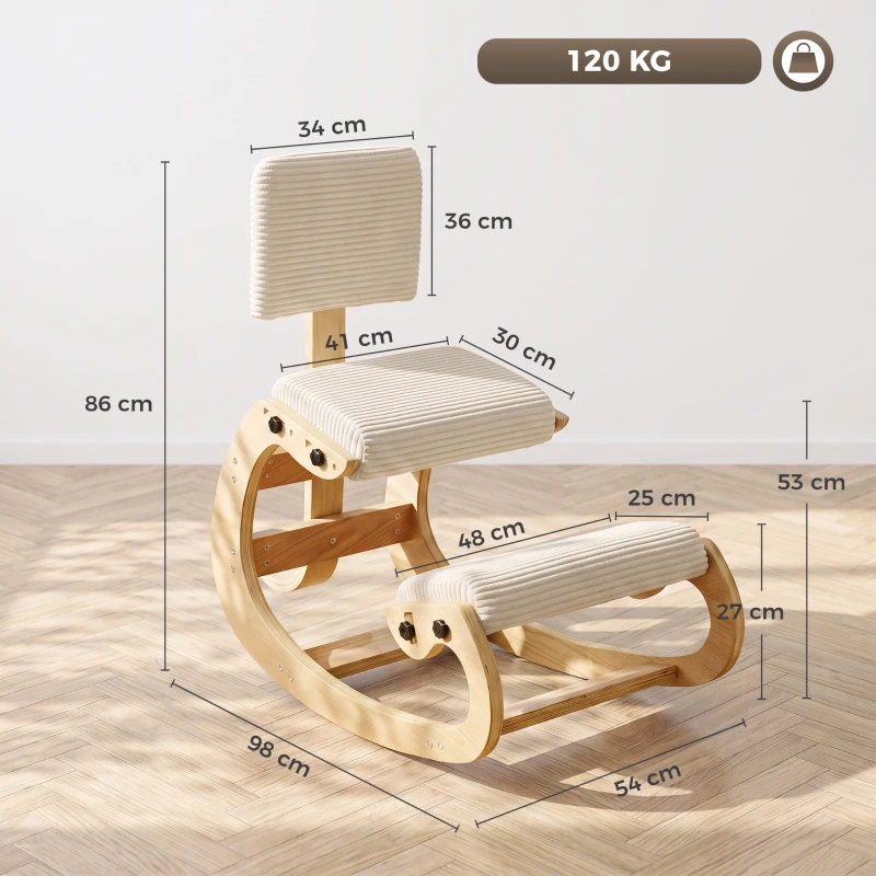 HOMCOM Scaun ergonomic pentru genunchi, scaun genunchi cu spătar, aspect cord, scaun de birou pentru acasă, birou, meditație, alb crem