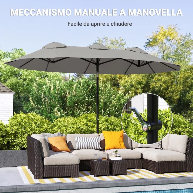 Outsunny Ombrellone Doppio Inclinabile a 45° con Manovella e Prese d'Aria, in Acciaio e Poliestere, 285x147x227 cm, Grigio
