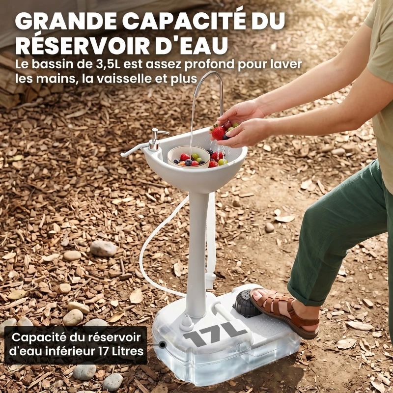 Outsunny Évier de camping portable, lavabo portable pour camping, station lavage avec roues, distributeur de savon gris