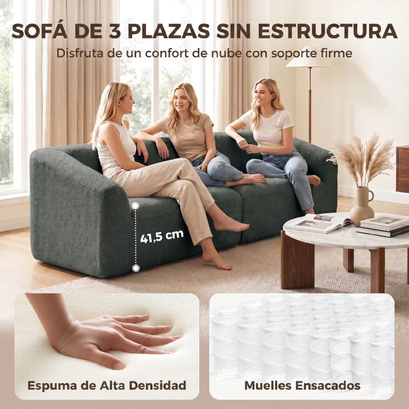 HOMCOM Sofá 3 Plazas en Chenilla 225 cm Sofá de Salón Acolchado Moderno con Asiento Ancho Cojín con Muelles Verde Oscuro