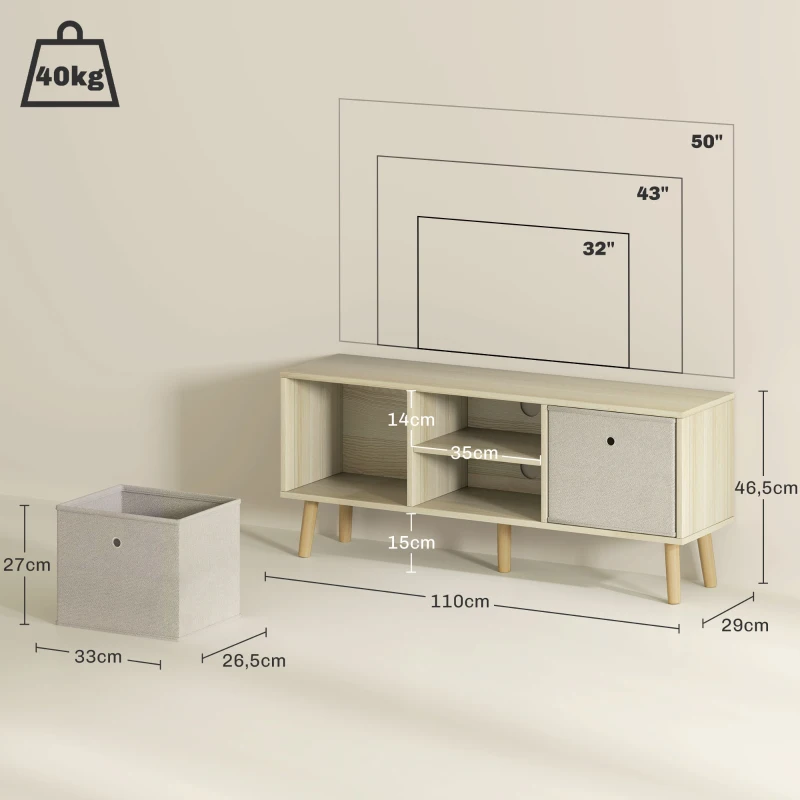 HOMCOM Mobile TV Fino a 50" con 2 Cassetti Removibili e 2 Ripiani Aperti, 110x29x46.5cm, Color Legno Beige