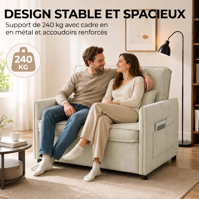HOMCOM Canapé Convertible 2 Places, Canapé-Lit 3 en 1 Chenille 125 cm avec Dossier Réglable, Assise Large, 2 Oreillers, Crème