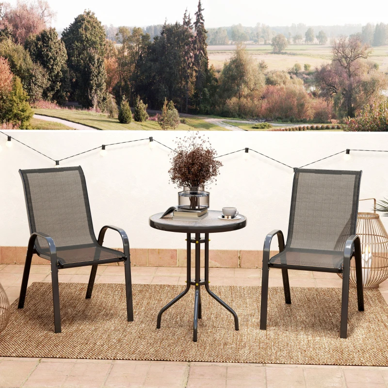 Outsunny 3 pièces salon de jardin extérieur ensemble de meubles 2 fauteuils empilables table basse dessus en verre trempé noir