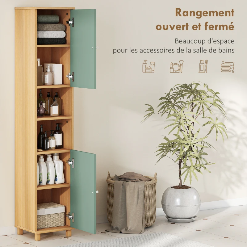 HOMCOM Meuble de salle de bain meuble de rangement 2 placards 2 compartiments ouverts étagères réglables 30 x 30 x 166 cm, vert