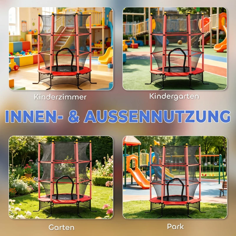 HOMCOM Trampolin für Kinder, Ø163 cm, mit Sicherheitsnetz, für drinnen und draußen, Belastung bis 50 kg, Stahl, Kunststoff, Rot