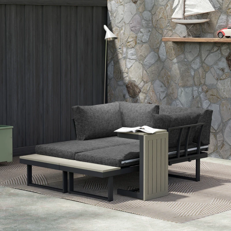 Outsunny 4 Seater L Shaped Aluminium Sectional Garden Furniture Set with 2 Loveseats and Wood-Plastic Coffee Table - Dark Grey