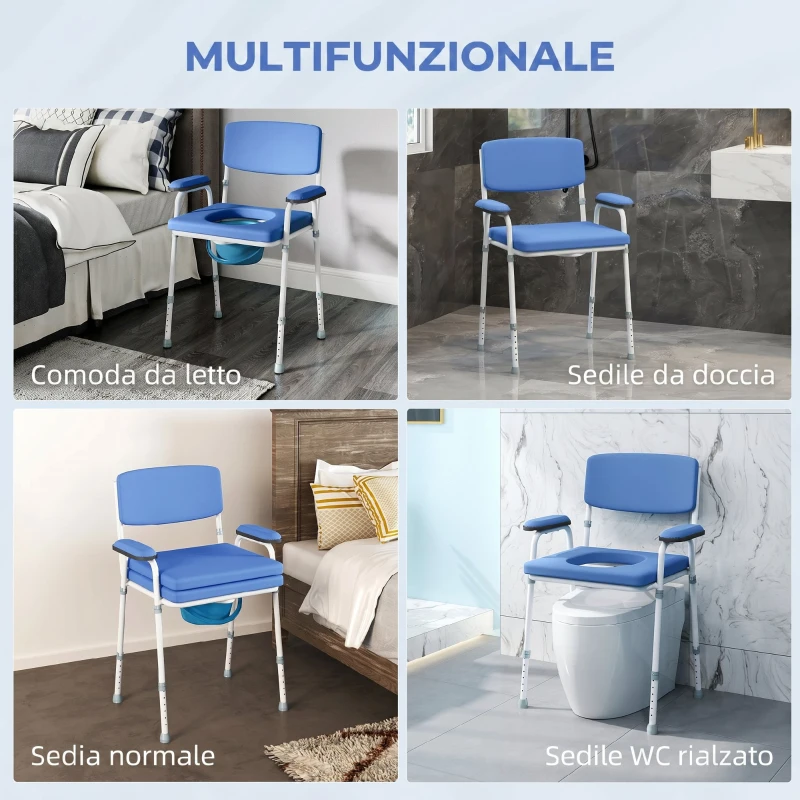 HOMCOM Sedia 5 in 1 per WC e doccia con altezza regolabile e secchio rimovibile, celeste