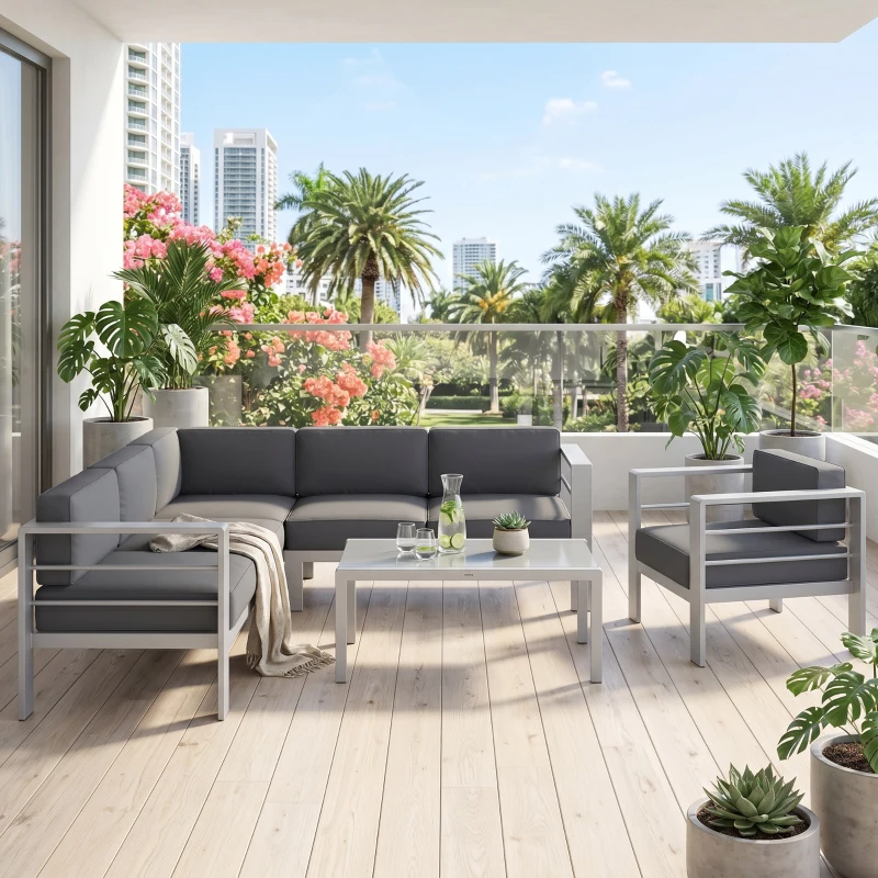 Outsunny Five-Piece Aluminium Garden Sofa Set, with Glass-Top Table - Grey