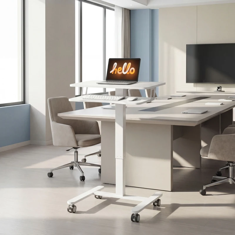 HOMCOM Bureau Assis-Debout Réglable en Hauteur, Bureau Mobile avec Plateau pour Clavier, Roulettes et Cadre en Acier, Blanc