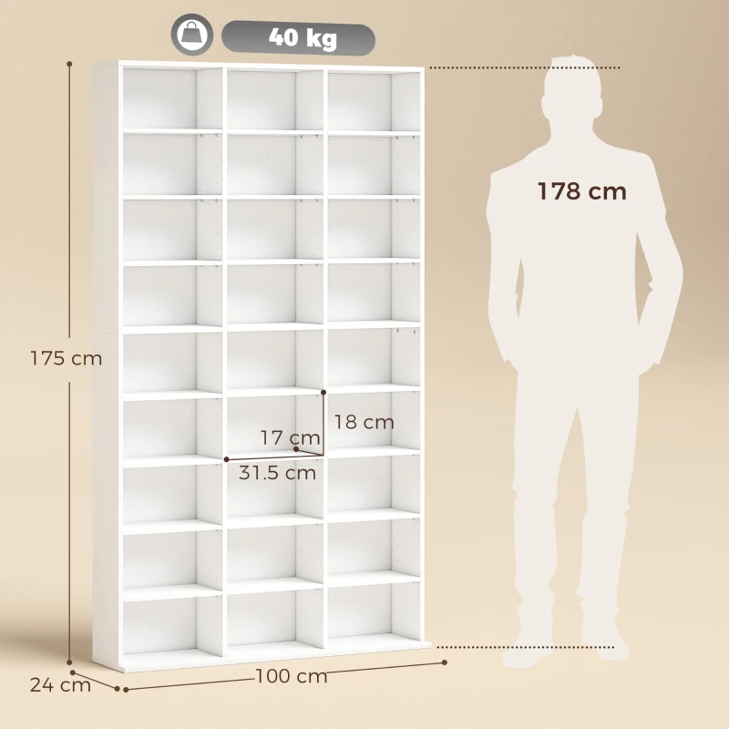 HOMCOM 835 CD/500 DVD Storage Unit, Blu-ray Media Storage Shelf with 27 Compartments and 21 Adjustable Shelves, White