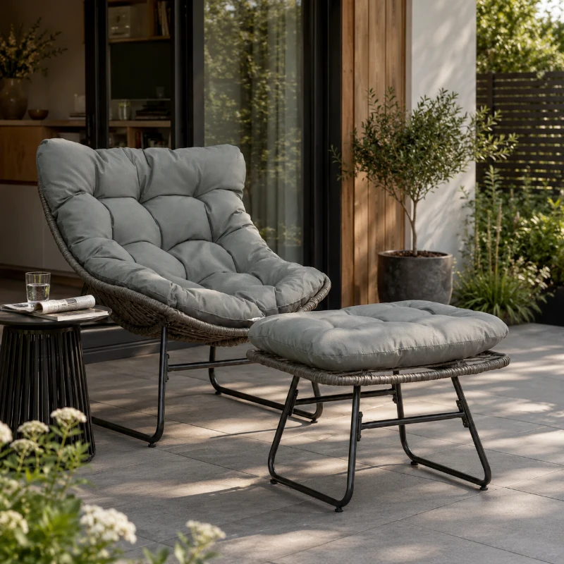 Outsunny Rattan Relaxsessel mit Fußhocker, Gartensessel mit dicke Kissen Outdoor Rattanstuhl Gartenstuhl für Garten, Balkon, Terrasse Grau