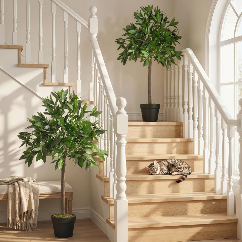 Outsunny Set di 2 Alberi di Alloro in Vaso Artificiali Altezza 90cm per Interni ed Esterni
