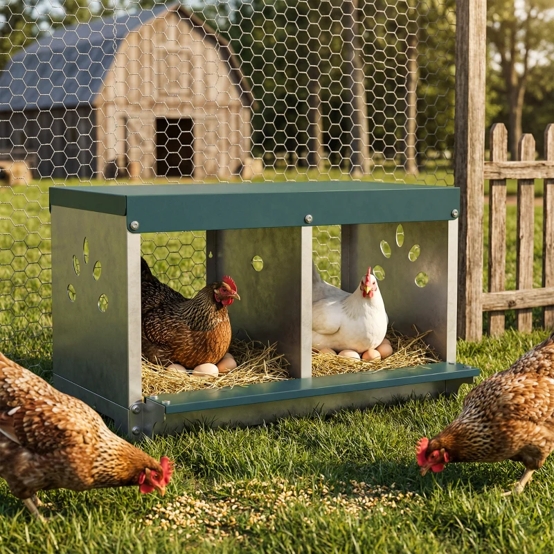 PawHut Pondoir à Poules 2 Emplacements, Imperméable, Trous d'Aération, Facile à Nettoyer, 54,5x42,5x35,5cm, Acier, Argent