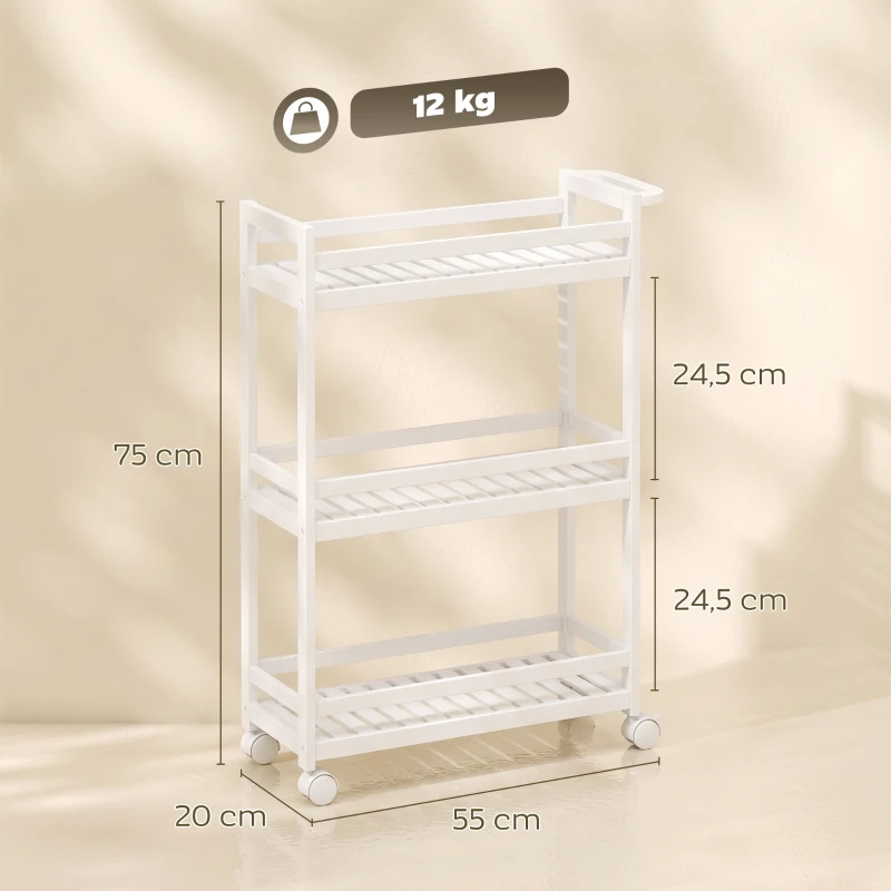 HOMCOM Carro de servicio, 3 niveles, baldas de lamas, protección contra caídas, bambú, 55 x 20 x 75 cm