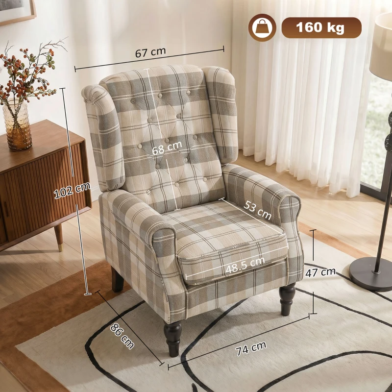 HOMCOM Wingback Accent Chair, Linen-Look Fabric Armchair with Thick Spring Cushion, High Back, Khaki Plaid