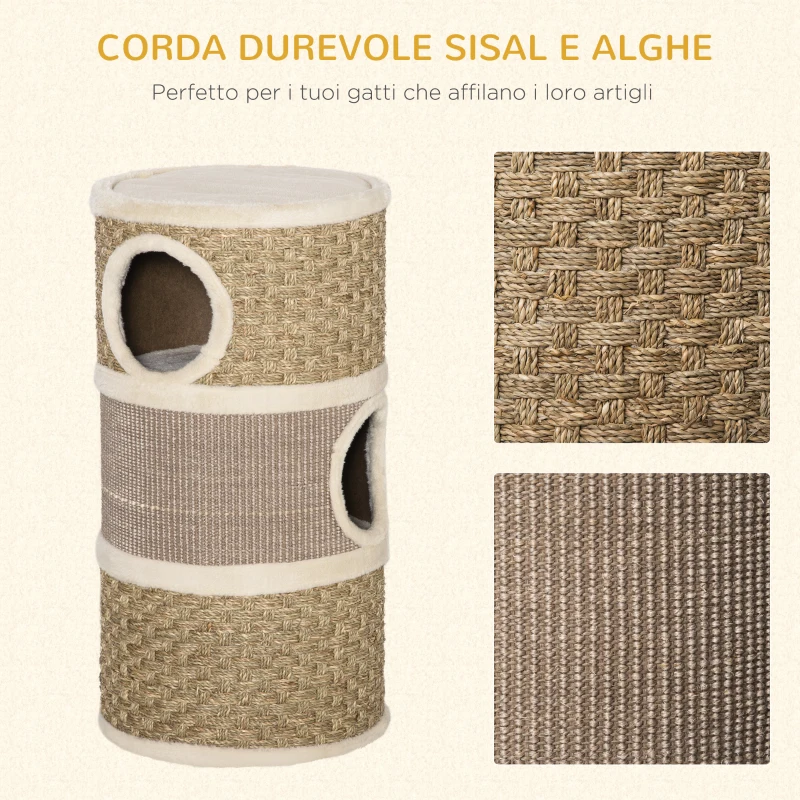 PawHut Casetta per Gatti Tiragraffi a Torre 3 Nicchie Corda in Sisal Alga Marina