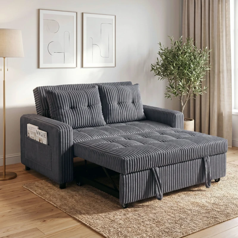 HOMCOM 2-Sitzer Sofabett, Cordbezug, zum Schlafsofa umwandelbar, 2 Kissen, Seitentaschen, 157 x 190 cm, Dunkelgrau