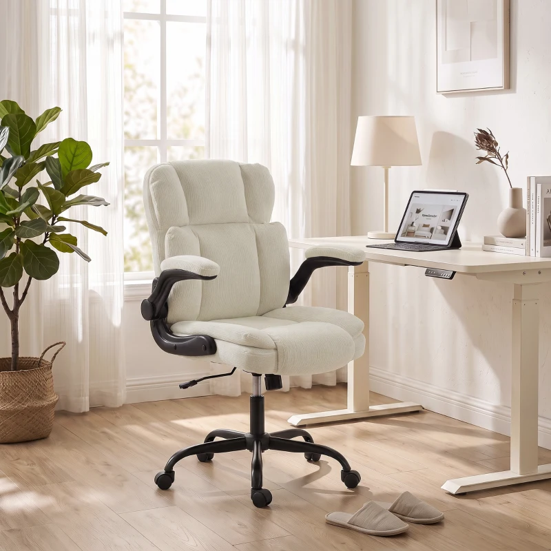 HOMCOM Scaun de Birou Ergonomic din Chenilă, Funcție Balans, Brațe Rabatabile, Înălțime Reglabilă, 70x67x108cm, Bej