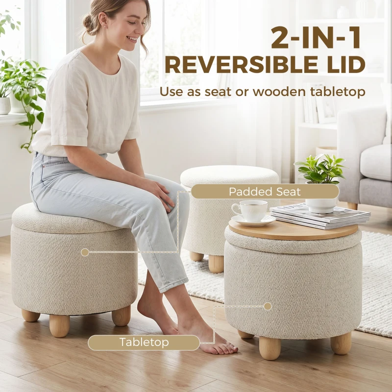 HOMCOM Hocker mit Stauraum, Runder Sitzhocker mit Deckel, Leinenoptik für Wohnzimmer, Schlafzimmer, 38,5x38,5x33,5 cm Beige