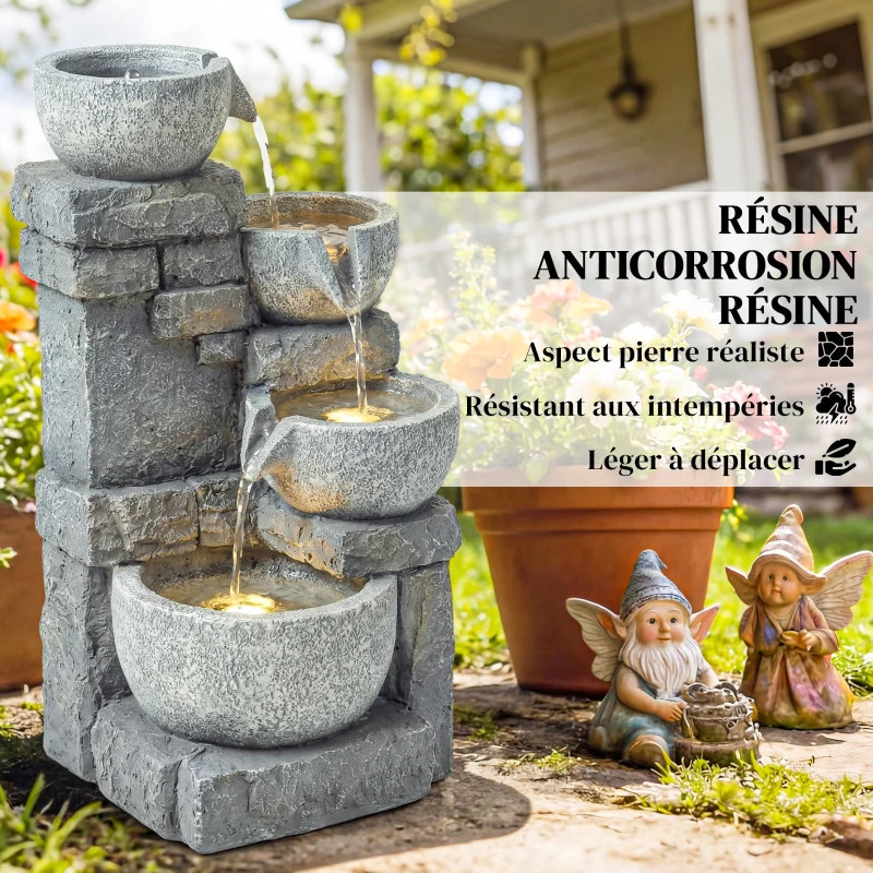 Outsunny Fontaine de Jardin Cascade 4 Niveaux Décoration Effet Pierre et Brique avec Éclairage LED 28 x 25 x 54,5 cm Gris