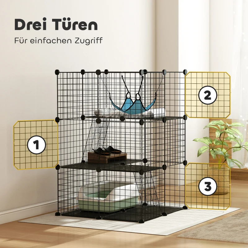 PawHut ndoor Katzenkäfig 105 cm, Stahl-Katzengehege mit 3 Türen, DIY-anpassbares Design für Kätzchen unter 4kg