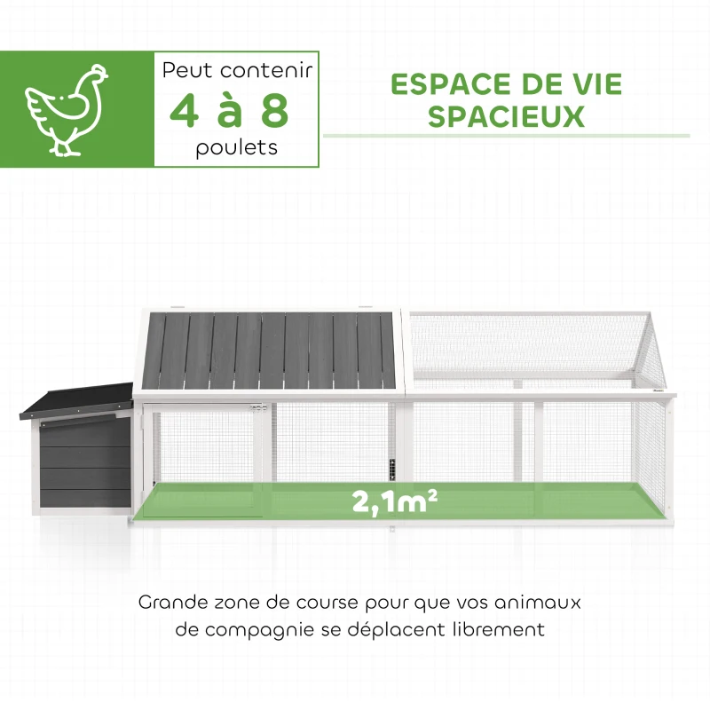 PawHut Poulailler pour poules cage à poule avec nichoir porte et toit ouvrable pour 4 et 8 poules 240 x 112,5 x 76 cm blanc