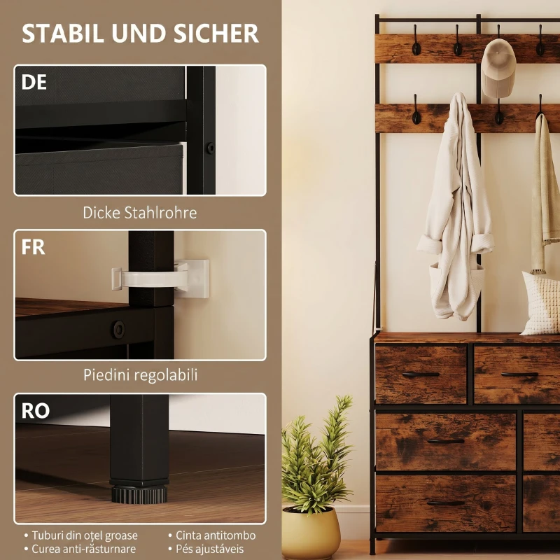 HOMCOM Garderobenständer, Kleiderständer mit Stoff-Schublade, 14 Haken für Flur, Schlafzimmer, Rustikal-Braun, Höhe 183 cm