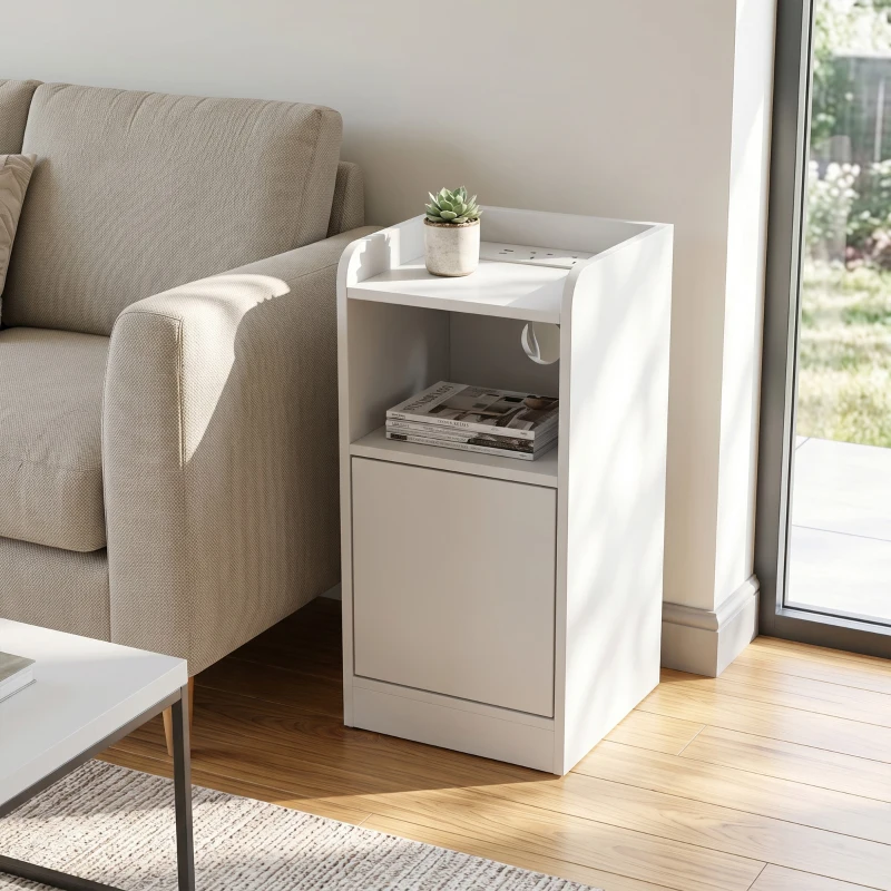 HOMCOM Slim Bedside Table Set of 2 with Charging Station, Narrow Bedside Cabinet with Adjustable Shelf, White