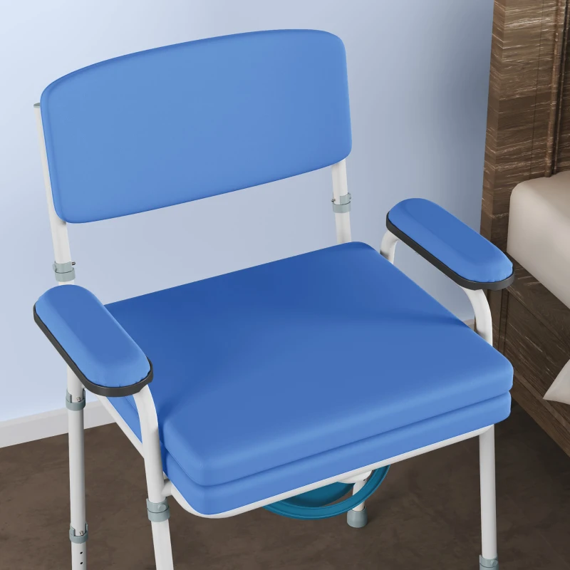 HOMCOM Cadeira Confortável 5 em 1 para Idosos e Deficientes para Sanitário e Duche Altura Regulável e Balde Removível Azul Claro