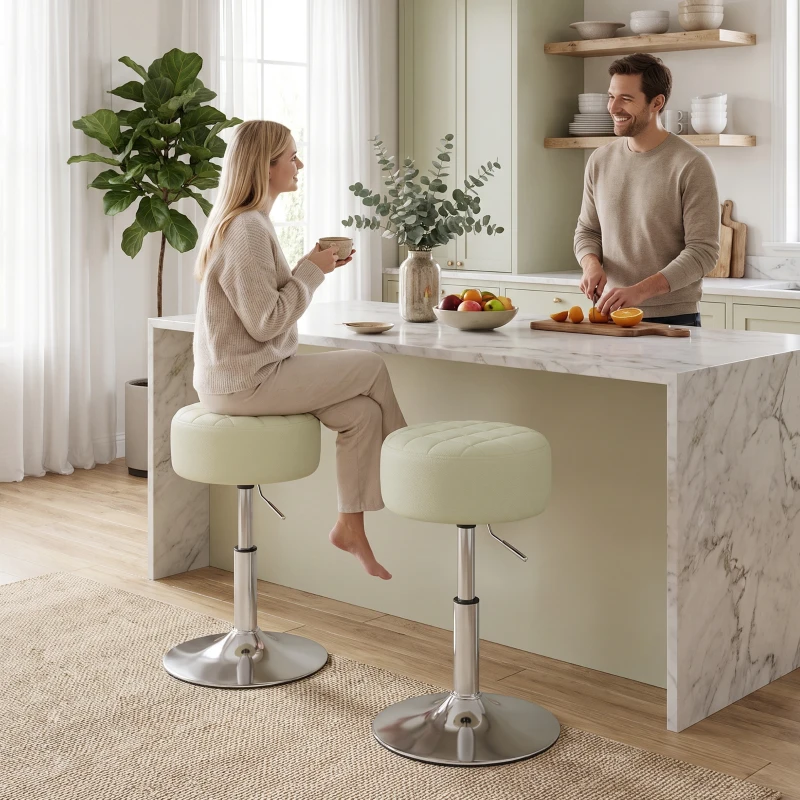 HOMCOM Taburete de Bar en Piel PU con Altura Ajustable, Asiento Acolchado Grueso, Giratorio a 360°, para Península, Blanco