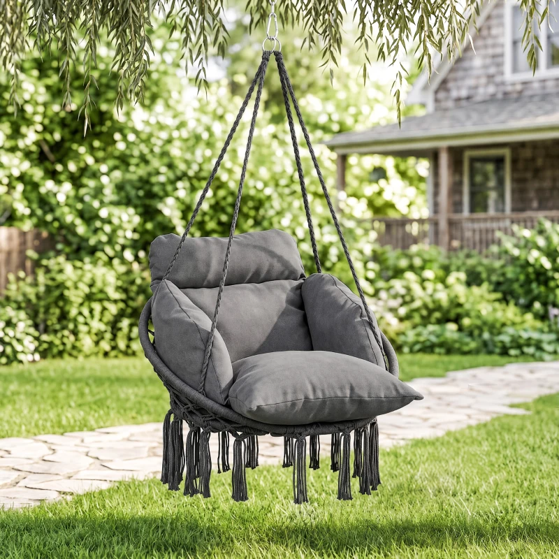 Outsunny Chaise suspendue avec grand coussin rembourré hamac fauteuil suspendu à franges kit de suspension 80 x 60 x 40 cm gris foncé