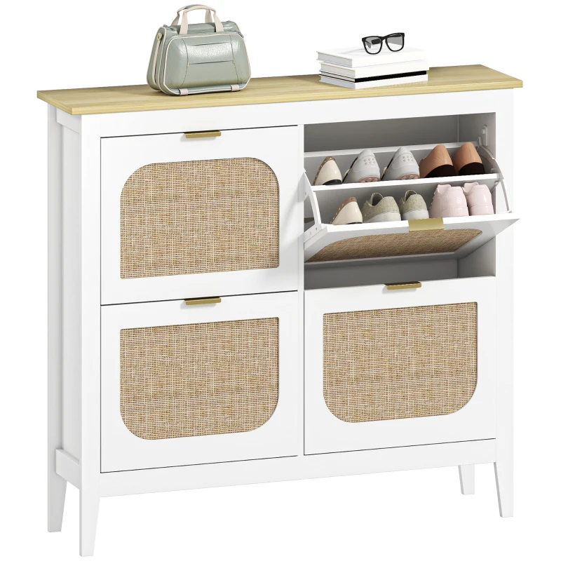 HOMCOM Meuble à chaussures 20 paires bohème avec 4 tiroirs rabattables, portes effet cannage rotin, 105 x 24 x 95,5 cm, blanc(m-11)