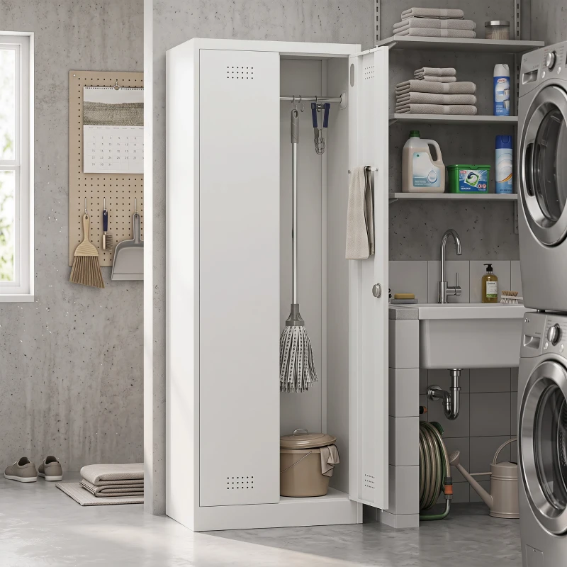 HOMCOM Besenschrank Mehrzweckschrank aus Stahl Vorratsschrank mit Staubsaugerfach & Verstellbaren Einlegeböden 60 x 40 x 165 cm