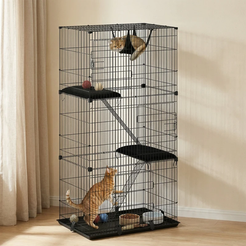 PawHut 3-Tier Large Cat Cage Indoor, Detachable Metal Wire Kennel with Hammock, Platforms, Tray and Cushions for 1-2 Kittens