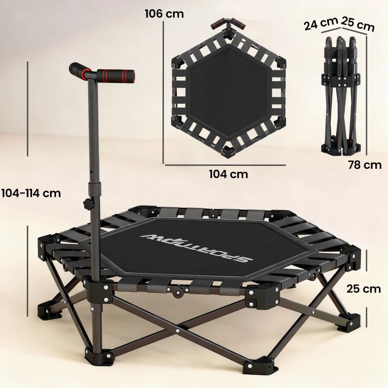 SPORTNOW Trampolino Elastico per Adulti Ø104cm Richiudibile, con Sistema di Apertura Chiusura in un solo Gesto, Maniglia Regolabile e 24 Molle Bungee, Nero