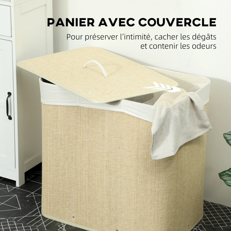 HOMCOM Panier à linge à trois compartiments avec couvercle, panier à linge en bambou 144 L avec poignées en corde