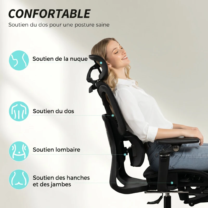 HOMCOM Chaise Bureau Ergonomique avec Accoudoirs 6D, Appui-Tête et Profondeur d'Assise Réglables, 67 x 71 x 133 cm, Noir