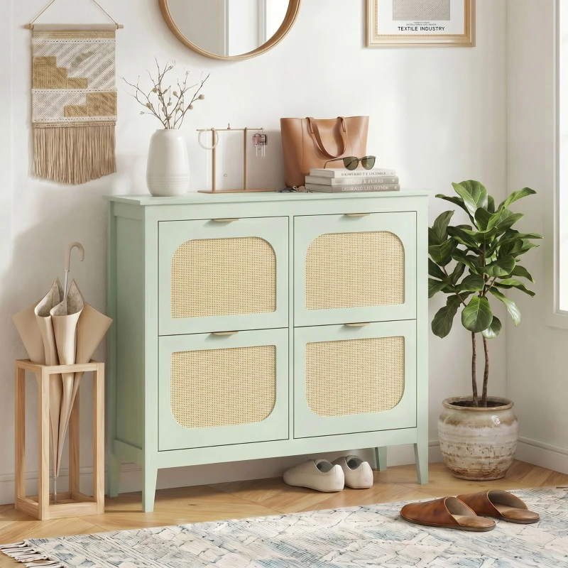 HOMCOM Narrow Shoe Cabinet, Boho Slim Shoe Storage Cabinet with 4 Flip Drawers, Holds 20 Pairs, Light Green