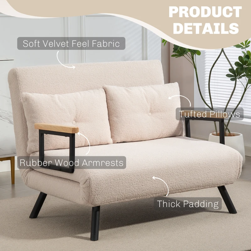 HOMCOM Canapé convertible 2 places 4 en 1, canapé-lit avec dossier réglable sur 5 niveaux, 2 coussins, 102 x 73 x 81 cm, beige