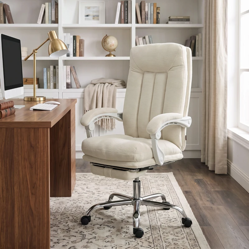 HOMCOM Scaun birou ergonomic, fotoliu înclinat din chenille, înălțime reglabilă, suport pentru picioare, Crem