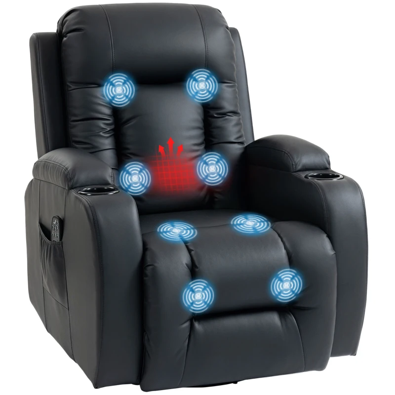 HOMCOM Fauteuil inclinable de massage et chauffage, fauteuil de relaxation, dossier réglable, pivotant 360°, 82x99x103cm, noir